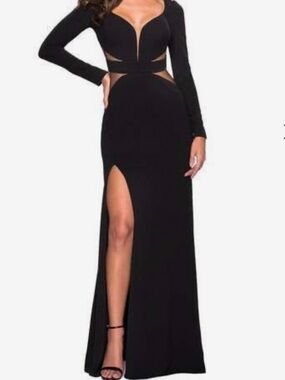 La Femme Black Long-Sleeve Cutout Maxi Gown with High Slit